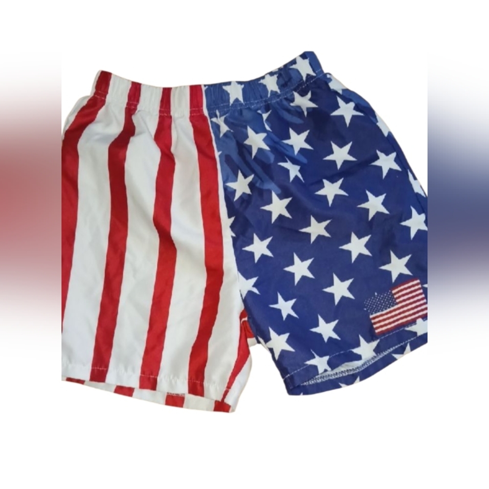 SHEIN Red and Blue Star Striped Kids Swim Trunks